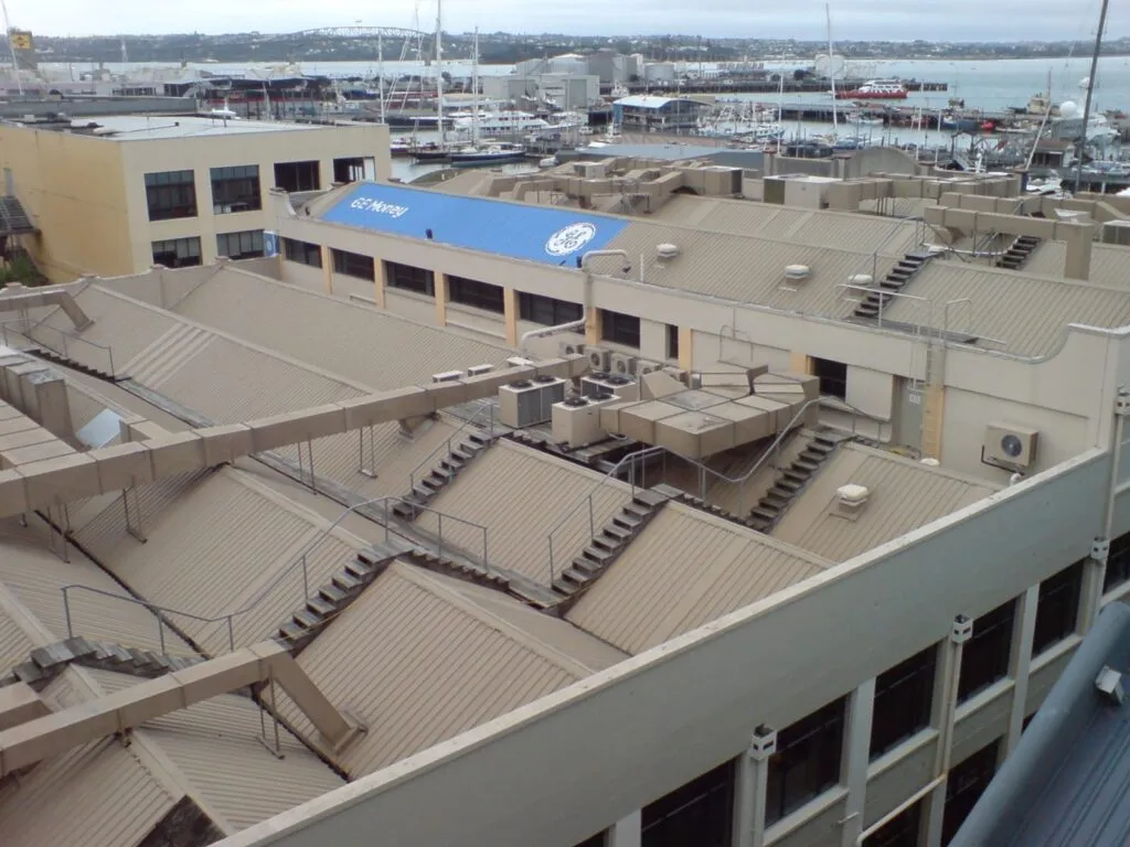 Rooftop HVAC equipment and ductwork on a commercial building